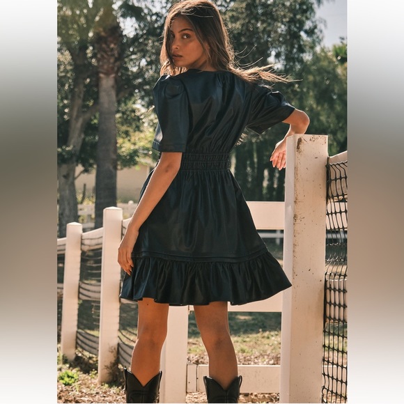 Faux Leather Puff Short Sleeve Smocking Dress - Picture 5 of 5